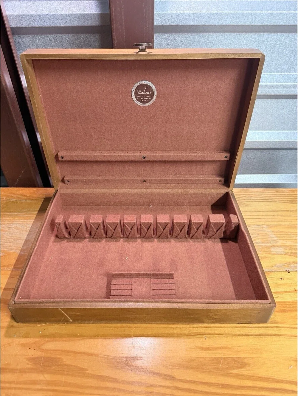 VTG NAKEN Tarnish Proof Silverware Wooden Chest Storage Box with Engraving Plate